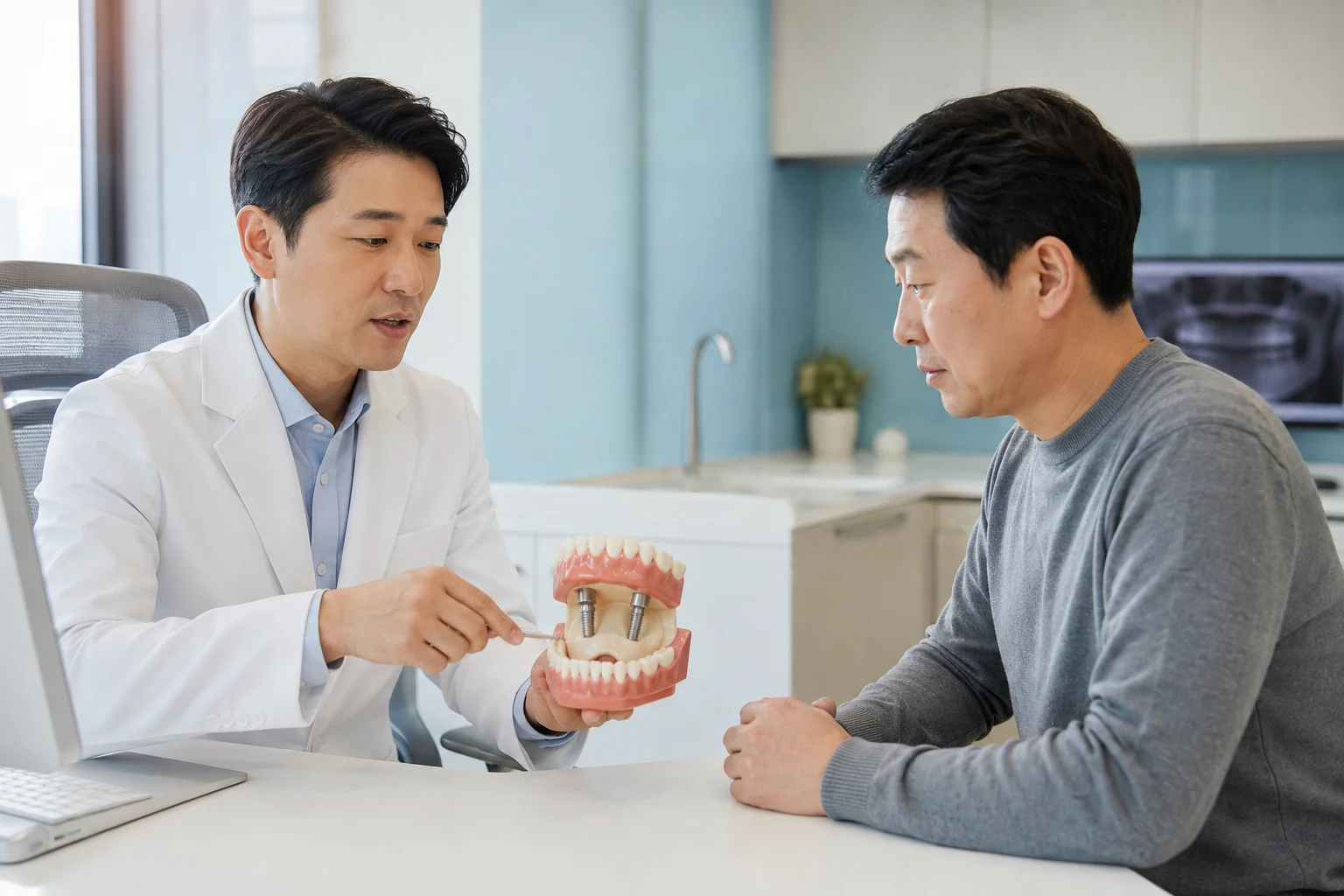 노인 임플란트 지원 진단과 견적을 비교하는 모습
